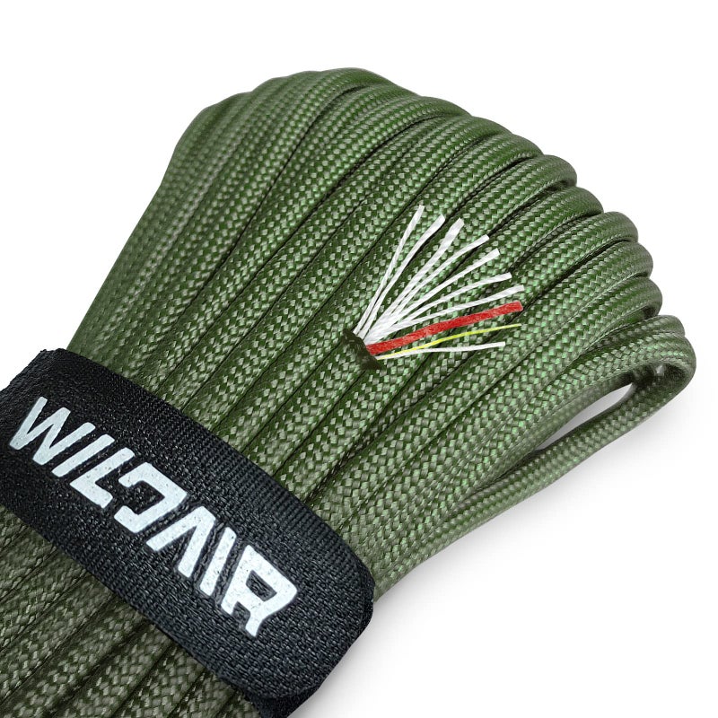 WILDAIR Survival Paracord Parachute Fire Cord Survival Ropes 4-in-1 100Ft 5/32" Diameter U.S. Military Type III with Integrated Fishing Line, Fire-Starter Tinder (Army Green) - Image 1
